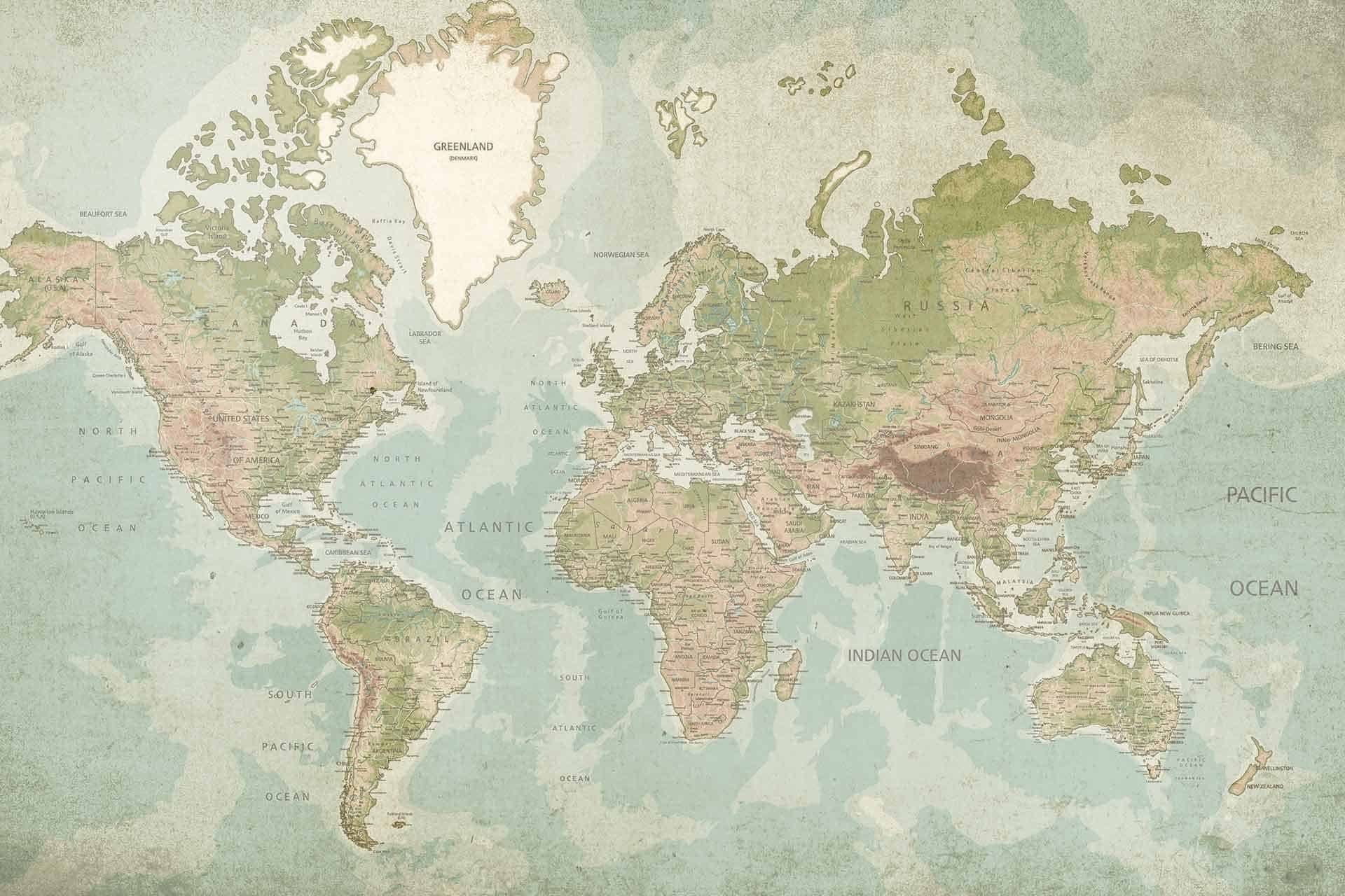 A vintage-styled physical map of the world